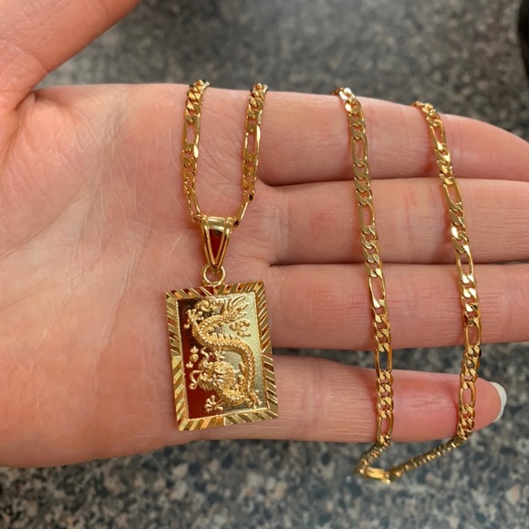 New 18k Gold Dragon Pendant Necklace 